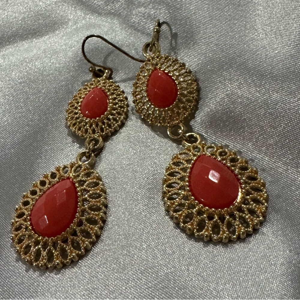 Coral and gold dangle earrings
